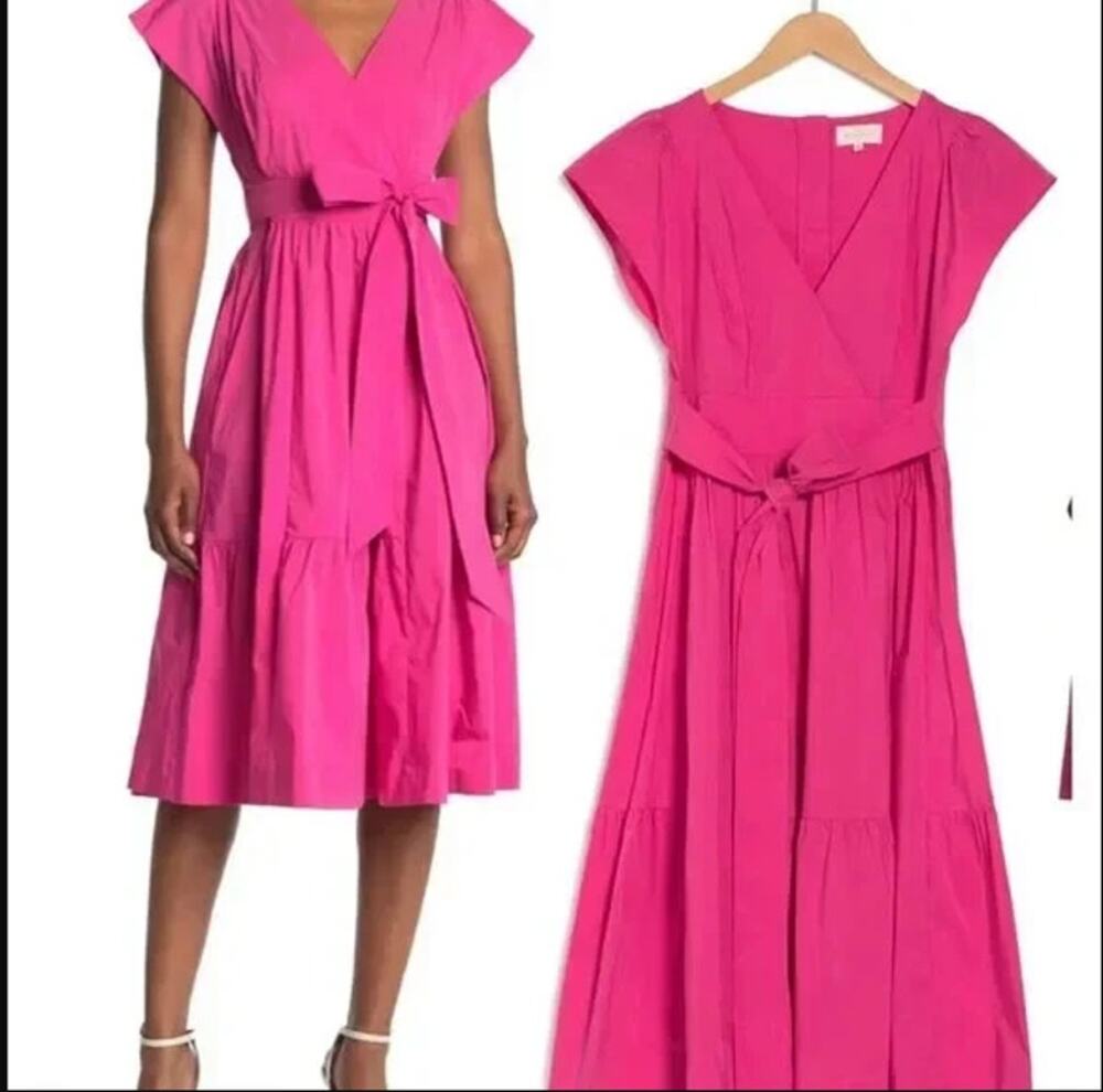 MELLODAY Fushia Pink Poplin Cotton Belted Tie Dress XL Flutter Sleeve Nordstrom